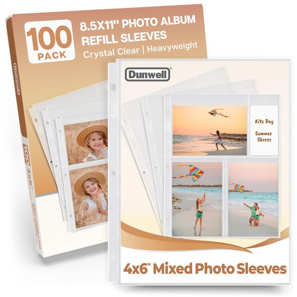 Dunwell Photo Album Refill Pages - (4x6 Mixed Format, 100 Pack) for 600 Photos, 3-Ring Binder Photo Pockets, Each Photo Page Holds Six 4 x 6 Pictures, Postcard Sleeves, Archival Photo Sleeves 4x6