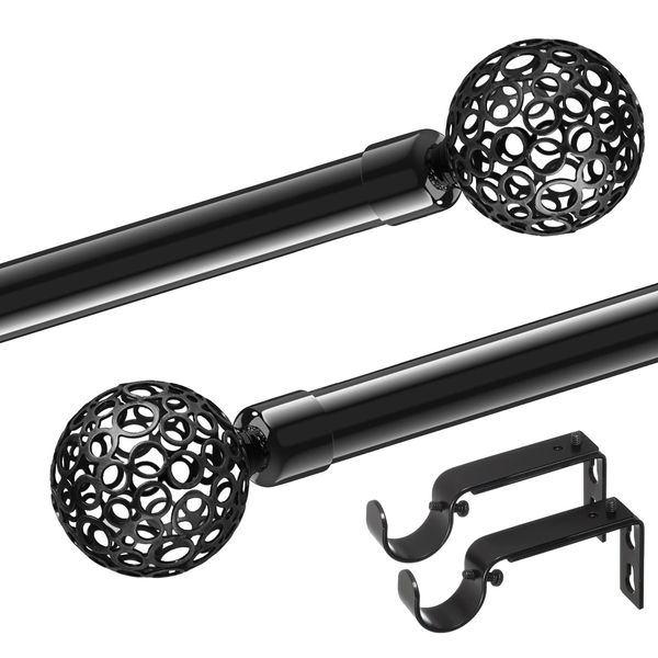 Black Curtain Rods 28 to 62 inch Easy Install, Adjustable Splicing Curtain Rods for Window Treatment, 1" Diameter Heavy Duty Metal Drapery Rod Set, Ball Cage Finials, Black