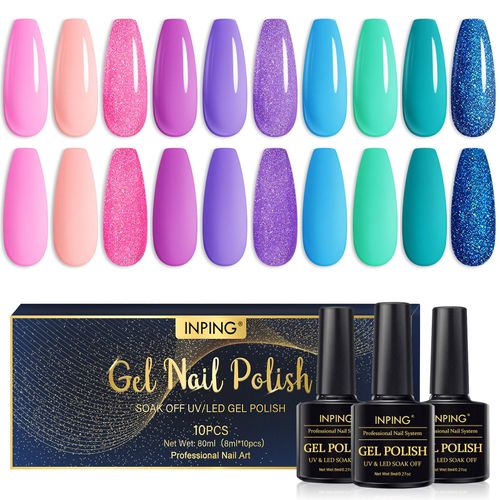 INPING Mermaid Gel Polish Set, 10 Colors Gel Nail Polish Kit, Pink Purple Blue Glitter Soak Off UV Nail Polish for Starter Beginner DIY Nail Art Manicure Salon, 8ml/0.27oz (Mermaid)
