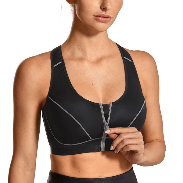 SYROKAN Women's High Impact Front Closure Racerback Full Support Wirefree Sports Bra Black 38E