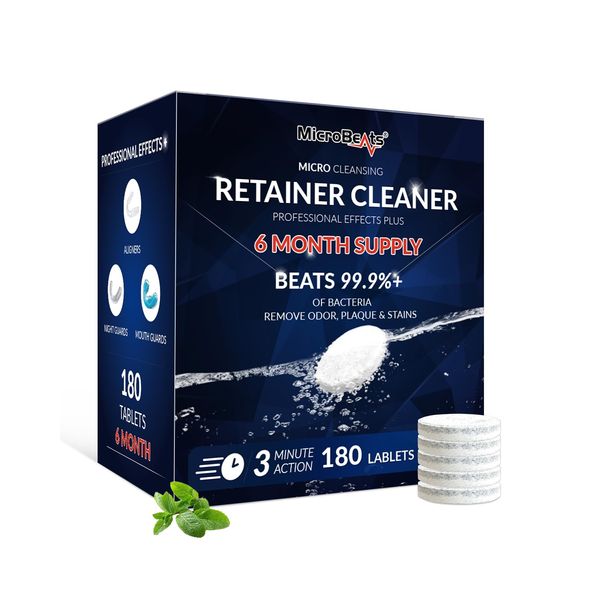 MicroBeats Retainer Cleaner Tablets for Invisalign Aligners Cleaning, Intensive Denture Cleaning Tablets Remove Odor & Plaque for Night Guard and More with Fresh Mint 180 Tablets for 6 Month Supply