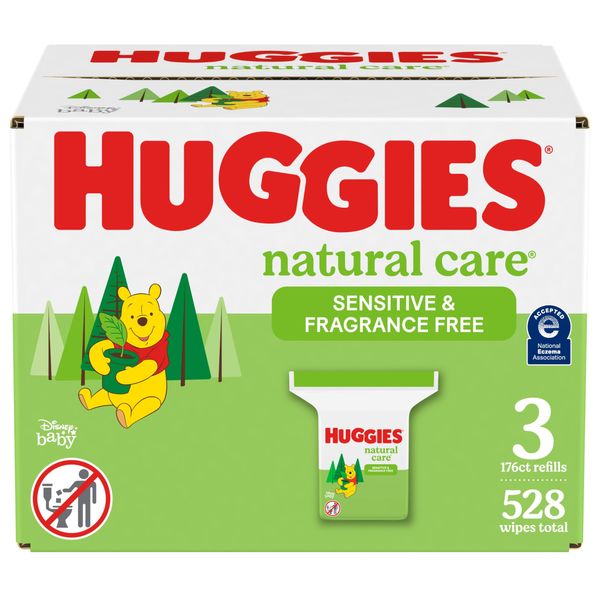 Huggies Natural Care Sensitive Baby Wipes, Unscented, Hypoallergenic, 99% Purified Water, 3 Refill Packs (528 Wipes Total)