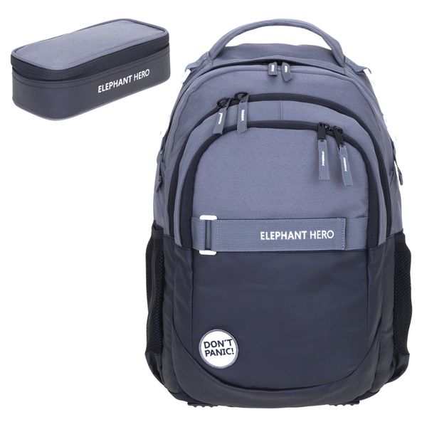 Elephant 2 Teile Set Rucksack Signature Hero Schulrucksack 12723 + Mäppchen Box (Color Block Schwarz Anthrazit 13047)