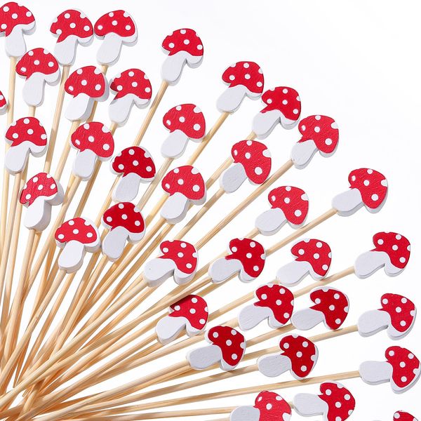 Mushroom Cocktail Picks Bamboo Toothpicks Long Cocktail Skewers for Appetizers Fruit Drinks Food Sticks Cupcake Toppers Mushroom Woodland Birthday Baby Shower Thanksgiving Party Supplies(100 Pieces)