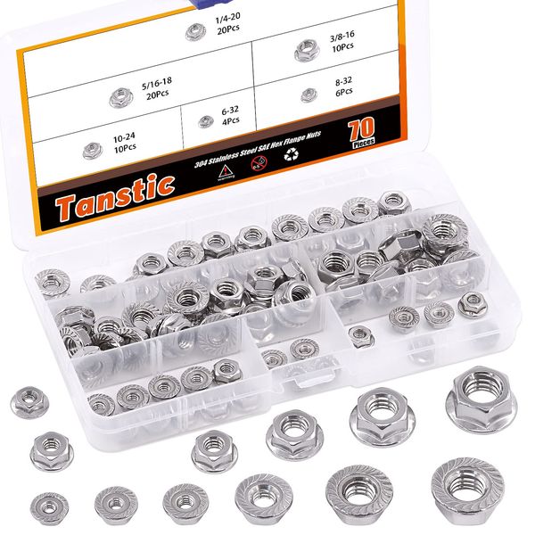 Tanstic 70Pcs 1/4-20 5/16-18 3/8-16 10-24 8-32 6-32 Stainless Steel Flange Hex Lock Nuts Assortment Set