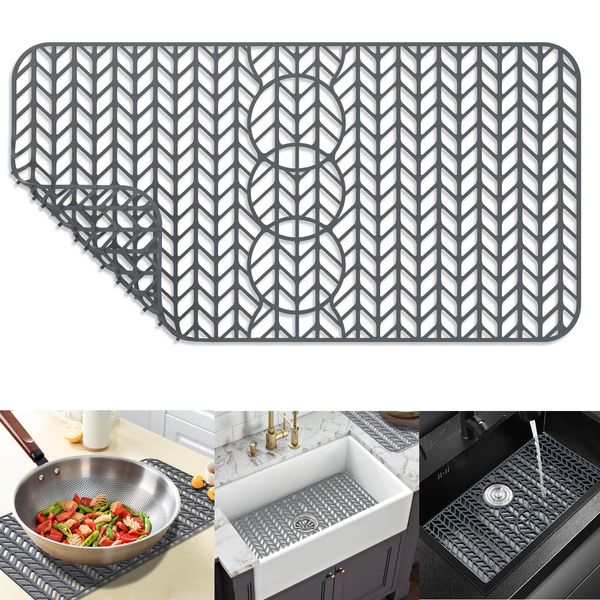 Silicone Sink Mat Protectors for Kitchen 29.5‘’×15‘’ JOOKKI Kitchen Sink Protector Grid for Farmhouse Stainless Steel Accessory with Reserved hole