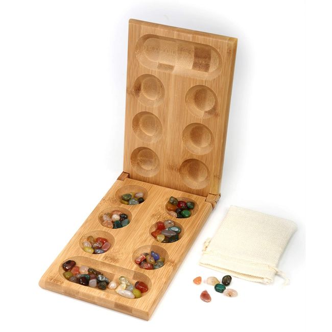 Togudot Mancala Board Game with Solid Wood Folding Board 80 Glass Stones Marble Game Set for Kids Adults