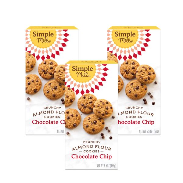 Simple Mills Almond Flour Crunchy Cookies, Chocolate Chip - Gluten Free, Vegan, Healthy Snacks, Made with Organic Coconut Oil, 5.5 oz (Pack of 3)