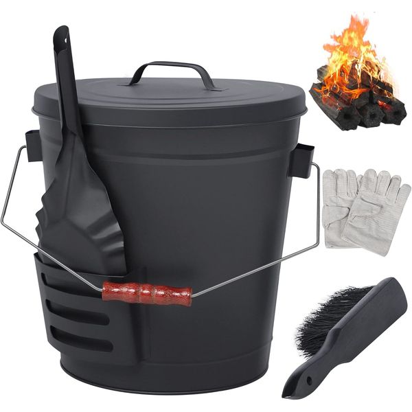 Fireplace Ash Bucket with Lid, 5.3 Gallon Metal Coal Pail for Fire Pits