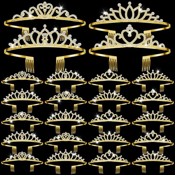 Yuefunny 24 Pcs Crystal Tiara Headbands for Women Princess Headband Silver Crown with Combs Crown Headband for Pageant Bridal Prom Party Gifts(Chic,Gold)