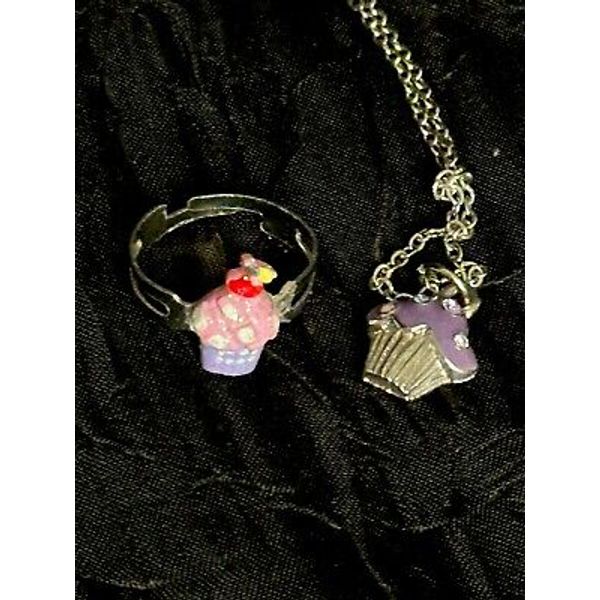 Children’s Costume Jewelry Cupcake Set Ring & Necklace Silver Plated