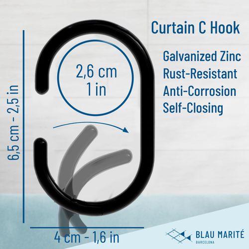 Blau Marité 12 Metal Shower Curtain Hooks, Rust-Proof Decorative C-Shaped Curtain Hooks for Bathroom, Black Shower Curtain Rings, Fits Rods Up to 1 Inch (C, Black)