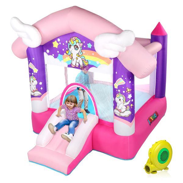 JOYMOR Pink Princess Inflatable Bounce House with Slide, Flying Unicorn Theme Bouncy Castle for Girls, Outdoor and Indoor use(Blower Included)