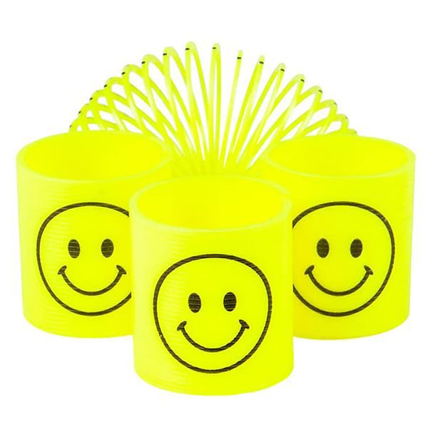 The Dreidel Company Smile Face Coil Spring, Bright Neon Yellow Happy Faces Magic Springy Toy for Kids, Party Favor, Birthday Parties, Carnival Prizes, Goody Bag Filler, 1.4" (35MM) (12-Pack)