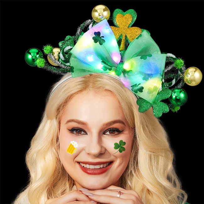 Asooll Light Up St Patrick's Day Headband LED Shamrock Hair Band Green Bow Irish Headband Party Costume Hair Accessories for Women