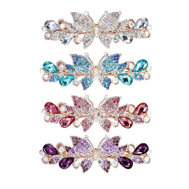 inSowni 4 Pack Luxury Glitter Sparkly Jeweled Gems Crystal Rhinestone Butterfly Metal French Hair Barrettes Fancy Bling Alligator Snap Butterflies Hair Clips Headpieces Accessories for Women Girls