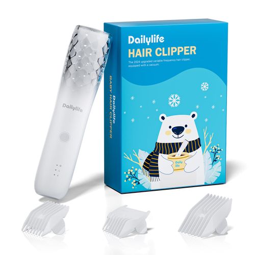 DAILYLIFE Baby Hair Clippers, Silent Clippers for Kids with Autism, Sensory Baby Hair Cutting Kit, Quiet Vacuum Hair Trimmer Waterproof for Toddler Infants Boys, White