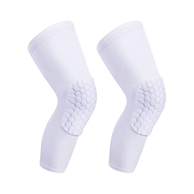 Compression Knee Pads Leg Sleeves Hex Knee Pads for Basketball Honeycomb Anti-Collision Knee Pads Long Knee Pads Non-Slip Soccer Knee Pads for Youth and Adults (Pair/White/XL)