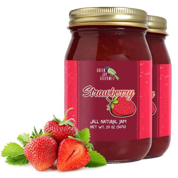 Green Jay Gourmet Strawberry Jam - All-Natural Fruit Jam with Strawberries & Lemon Juice - Vegan, Gluten-free Jam - Contains No Preservatives or Corn Syrup - Made in USA - 2 x 20 Ounces