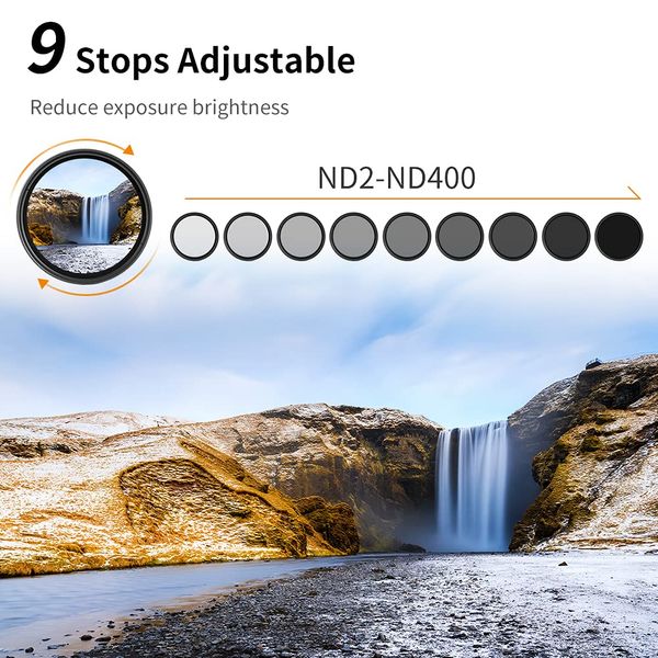 K&F Concept 77MM Variable ND2-ND400 Filter+ Cleaning Cloth+ Filter Cap, Basic Adjustable Thin ND2~ND400 Neutral Density Cloth with Silicone Lens Cover