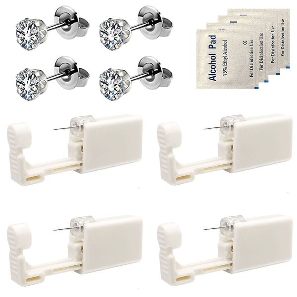 4 Pack Self Ear Piercing Gun, Disposable Self Ear Piercing Gun Kit with Earring Studs Safety Ear Piercing Gun Kit Tool (silver)