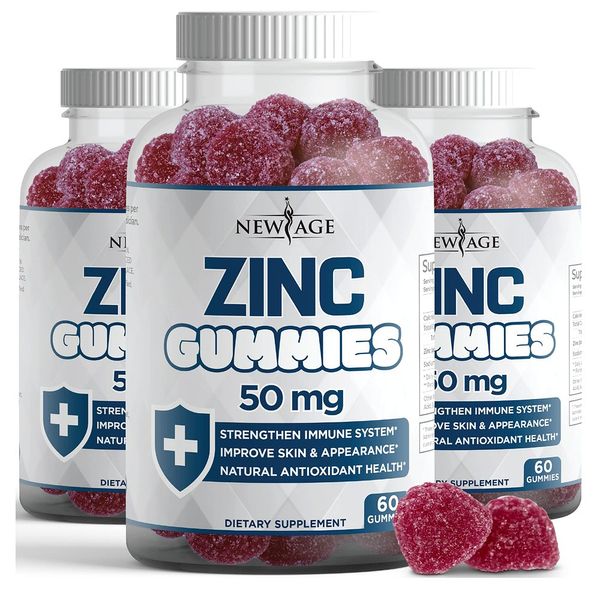 New Age Easy-to-Eat Zinc Gummies 50mg Berry Flavor 60 Gummies 3 Packs for 3 Months, 3 Bottles, 60 Tablets