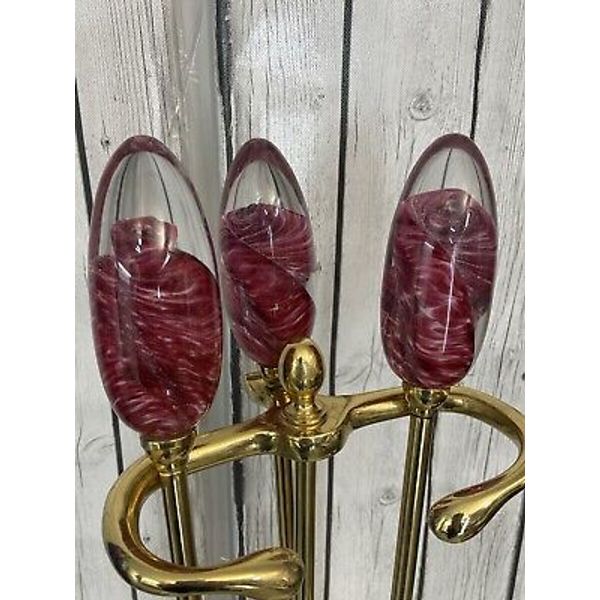 Vintage Fireplace tool Set Brass Red Rose Blown Glass head Mid Century Modern