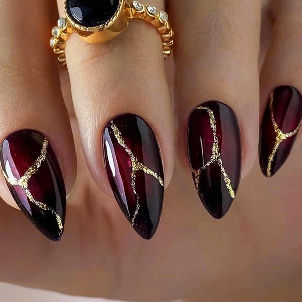 24Pcs Almond French Press on Nails Short, Dark Red Glossy Acrylic French Tips Fake Nails, Gold Shiny False Nails with Designs, Stiletto Acrylic Full Cover Stick on Nails for Women and Girls