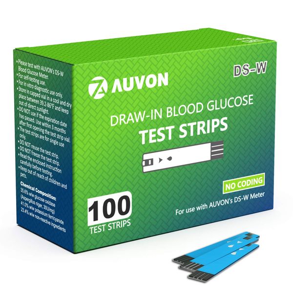 AUVON I-QARE DS-W Draw-in Blood Glucose Test Strips (100 Count) for use with AUVON DS-W Diabetes Sugar Testing Meter (No Coding Required, 2 Box of 50 Each)