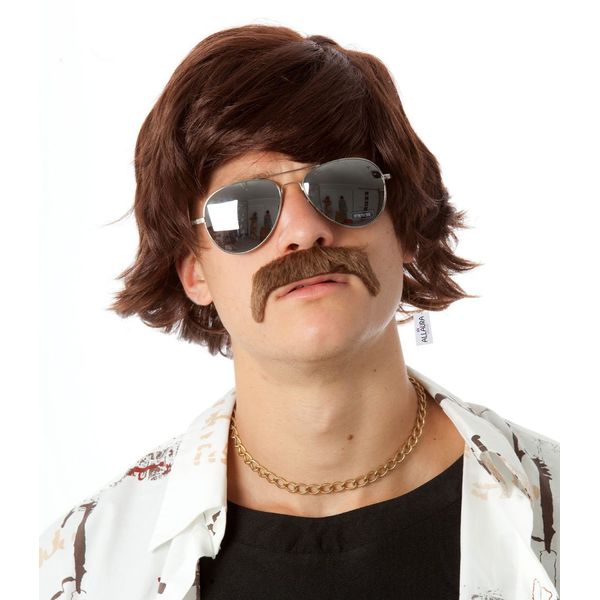 ALLAURA – Pedro Wig 60s 70s Sonny Bono Wig and Mustache Short Brown Ron Burgundy Wigs Mens Shag Hippie Fits Adults – Halloween Costumes