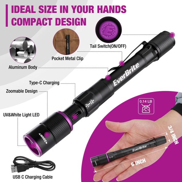 EverBrite Rechargeable Pen Flashlight with UV Light and White Light 4 Mode New