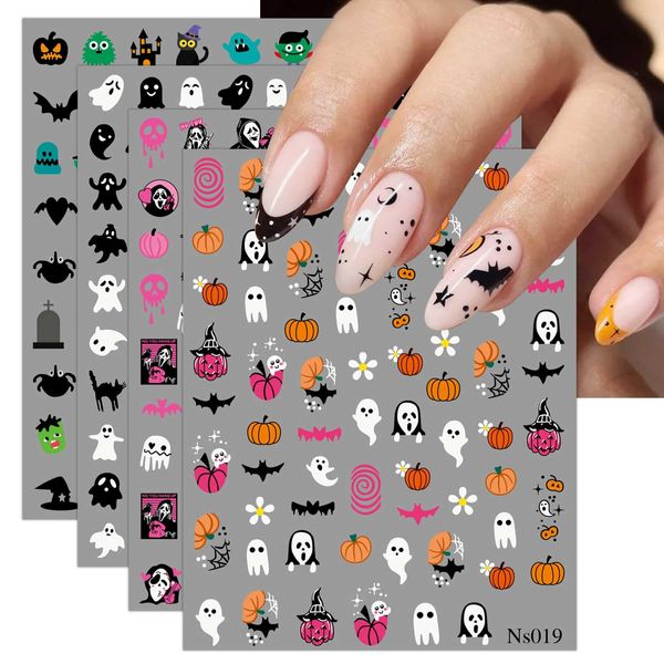 JMEOWIO 3D Halloween Zucca Fantasma Carina Adesivi Unghie Nail Art, Stickers Unghie Autoadesivi 5D Decorazioni Unghie Nail Art Disegni 4 Fogli