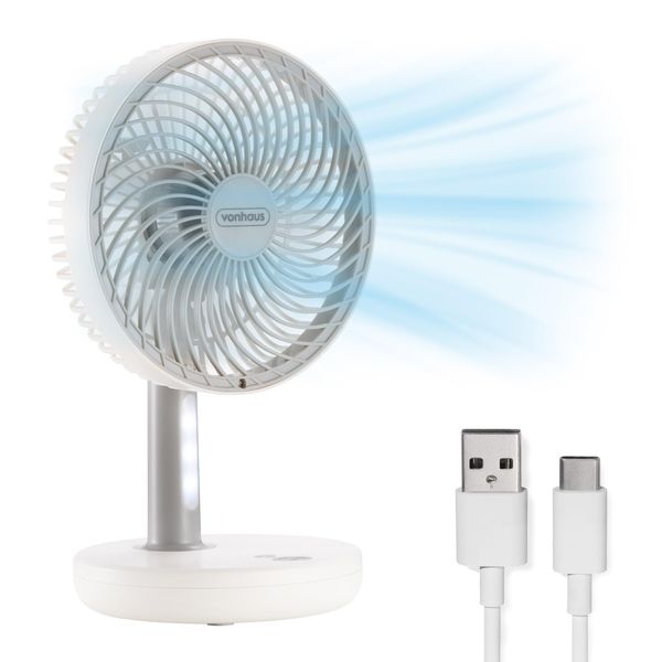 VonHaus Desk Fan 6" – Portable, Lightweight, Cordless, USB Rechargeable, 3 Speeds, 45° Tilt, LED Light, Quiet Operation – Cooling Fan Ideal for Table, Home, Office, Travel, Living Room, Bedroom