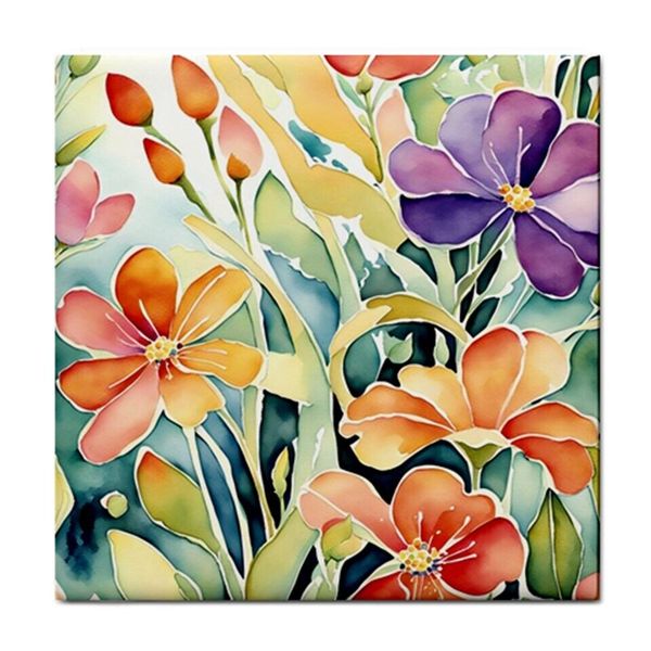 Flowers Floral Ceramic Tile Coaster 6 Green Orange Digital art painting