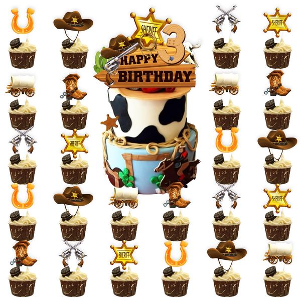 25Pcs Cowboy 3rd Birthday Party Supplies, Western Cowboy Cupcake Toppers Decoration, HorseShoe Cowboy Hats Boots Happy Birthday Cupcake Toppers Decorations, Baby Shower Kids Decorations (Cowboy 3rd)