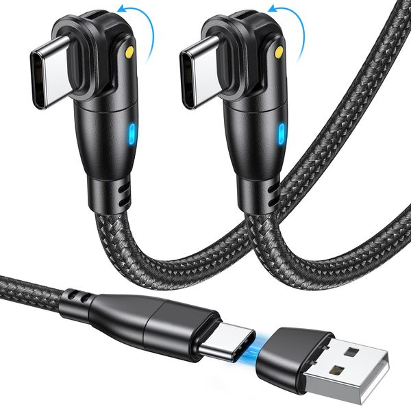 PD100W USB Type C Cable, L-Shaped, 180° Rotation, 3.3 ft (1 m + 2 m), Set of 2, USB-A, USB-C to USB-C, Type-C 3A, Rapid Charging & Speed Data Transfer, Type C Charging Cable, Compatible with Android