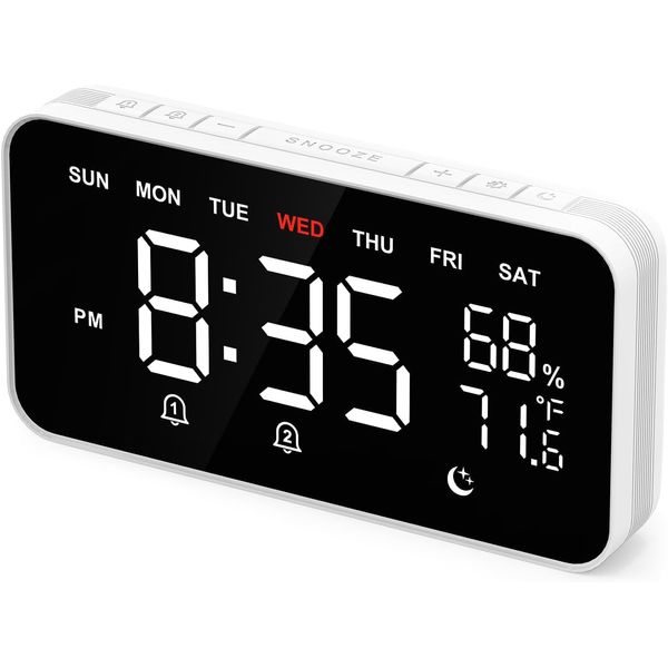 Dekala LED Digital Alarm Clock with Double Alarms, Temperature & Humidity Sensor, Bedside Function with Snooze, 12/24h Format, Large Automatic Dimmable Display and Digital Clock Mains Operated