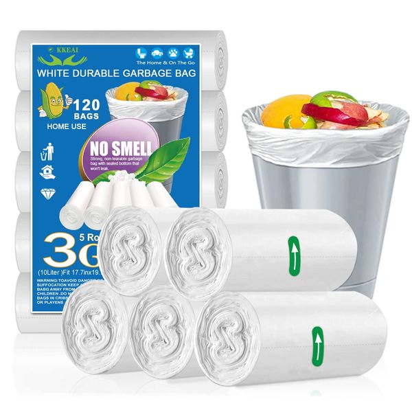 OKKEAI 120 Count 10 Litre Small Pedal Bin Bags for Bathroom Waste Paper Bin Liners Mini Garbage Bags Litter White Trash Bag for Home Office Kitchen Fit 6,7,8,9L Rubbish Bin