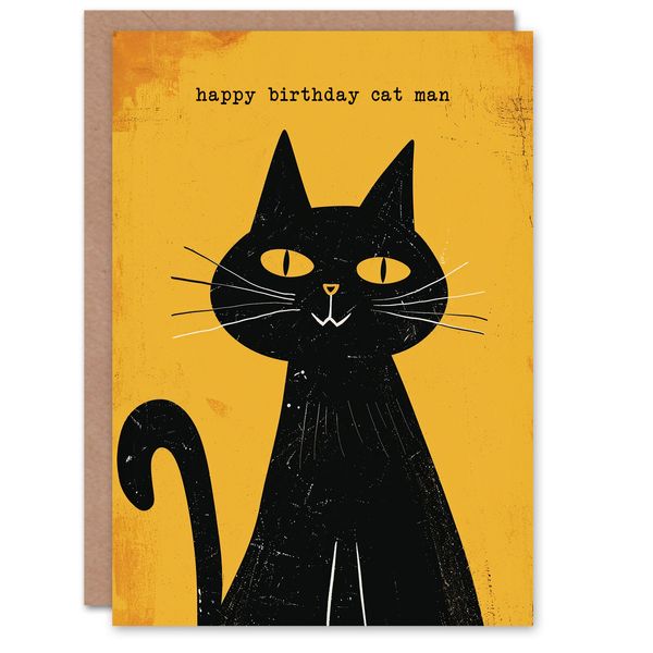 Pet Smile Black Cat Lover Man Simple Orange Birthday Card