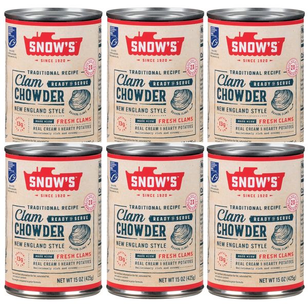Snows New England CLAM CHOWDER 15oz Authentic READY TO SERVE (6 Cans)
