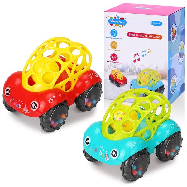 Baby Soft Rattle Car Toy, Infant Rattle Roll Car Toy 6-12 Months Baby 1-3 Hand Grasping Ball Toys Flexible Sounds Teething Kids Play, 2 Pack