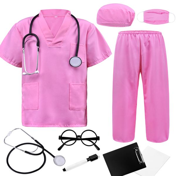 ZZIHAN Doctor Costume for Kids Pink Scrubs Sets Nurse Scrubs Costume Veterinarian Costume Doctor Coat Accessories Toys Stethoscope Nursing Clipboards Girls 9-10 Brithday Party Halloween Dress Up