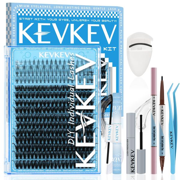 KevKev Lash Extension Kit Eyelash Extension Kit Included Lash Clusters Bottom Lashes with Lash Bond and Seal Lash Remover Dual-End Eyeliner Pen Eyelash Curler and Lash applicator 6-In-1 Kit(7D+40D)