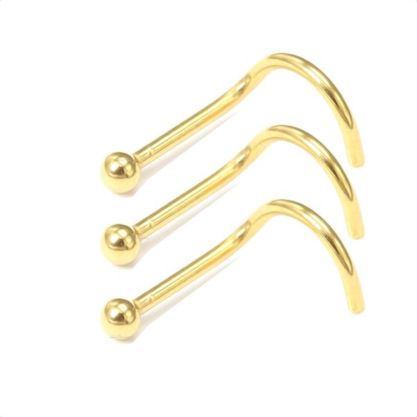 3pcs Gold Nose Stud Hook Screw Curve Plain Ball 2mm Body Piercing