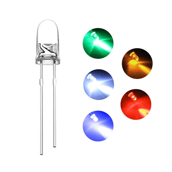 DiCUNO Light Emitting Diode, 0.1 inch (3 mm), LED Diode, Transparent, High Brightness, Round Head, White, Red, Green, Blue, Yellow, 200 Pieces Each