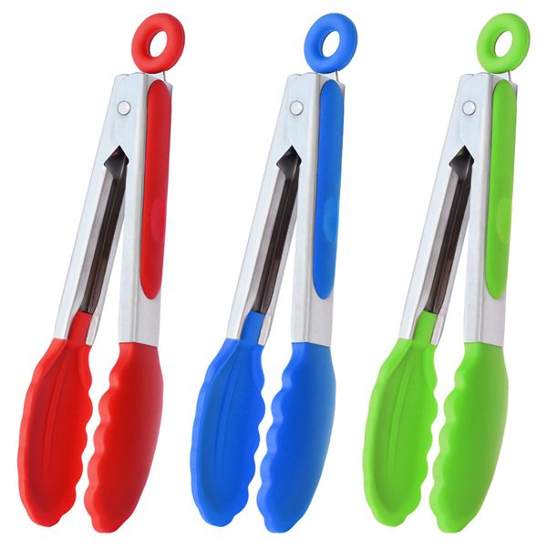 HINMAY 7-Inch Mini Tongs with Silicone Tips Small Serving Tongs Kitchen Tongs, Set of 3 (Red Blue Green)