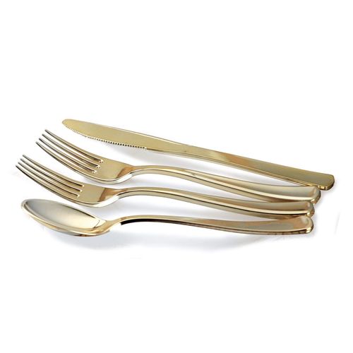" OCCASIONS " 150pcs set (25 Guests)-Vintage Wedding Party Disposable Dinnerware Set Plastic Plates & Silverware w/double fork -10.25'', 7.5'' (Blossom Blush & Gold Rim)