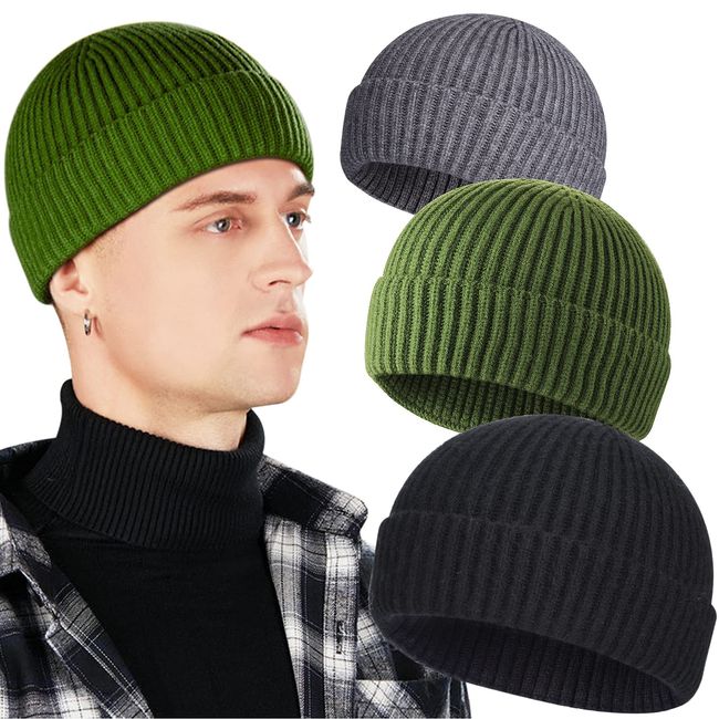 3 Pack Wool Fisherman Beanies for Men, Short Knit Watch Cap Cuffed Trawler Hats,B