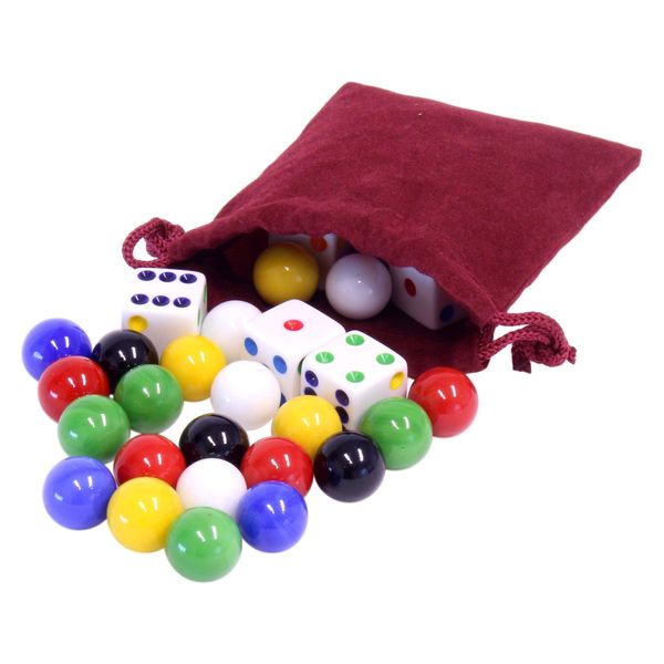 AmishToyBox.com Game Bag of 24 Replacement Glass Marbles (9/16" Diameter) and 6 Dice for Aggravation Game