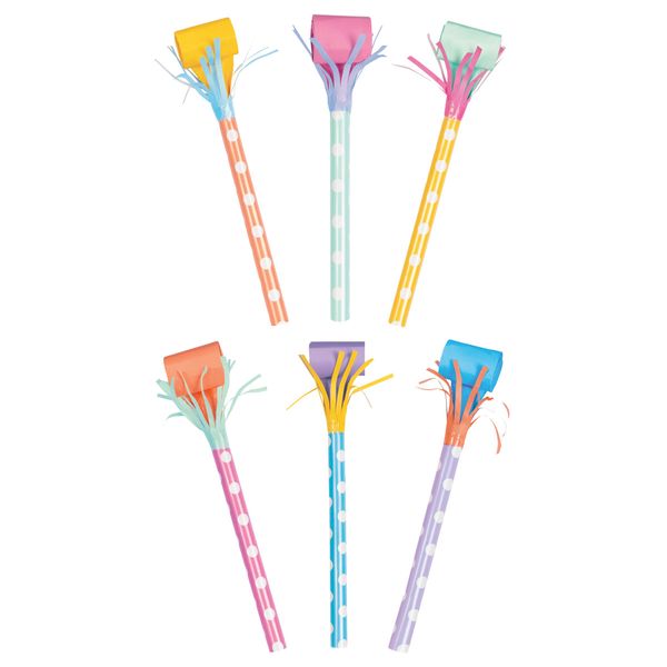 Long Stem Multicolor Bright Fringe Blowouts (30cm) - Vibrant Party Noisemakers for Birthdays, New Year's, & Festive Events - 6ct